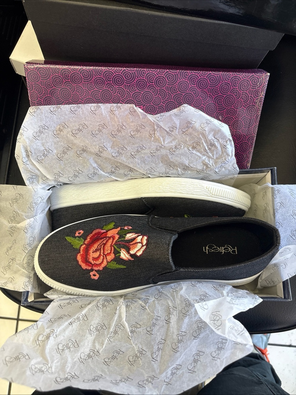 Refresh Black Slip-On Mules with Red Rose Embroidery